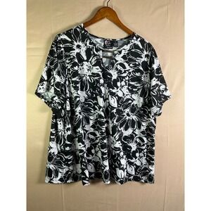 Love You More Womens 3X Black White Floral Top Gold Hardware Short Sleeve